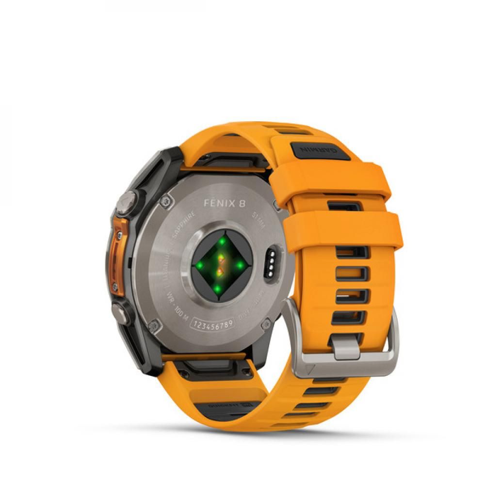 Умные смарт-часы Garmin Fenix 8, 47 mm, NFC, GPS, Sapphire Titanium With A Spark Orange/Graphite Silicone Band